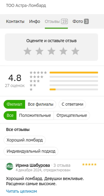 Анализ отзывов Автоломбард «Астра Ломбард» в Караганде на 2 ГИС