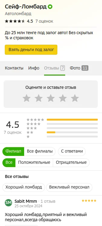 Анализ отзывов Автоломбард «Сейф» в Актобе на основе 2ГИС